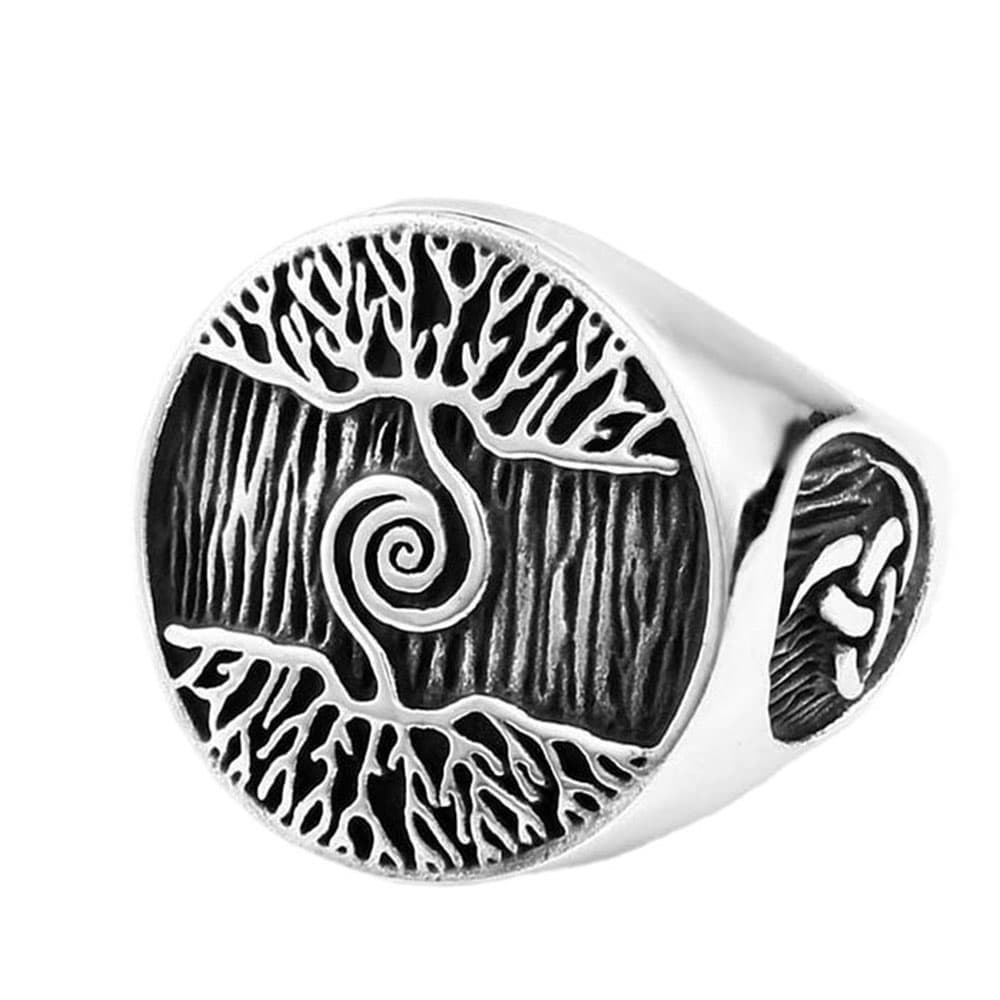 Men's Viking Tree of Life Yggdrasil signet ring in 316L stainless steel with oxidized black wood-grain background and side Celtic knot engravings.