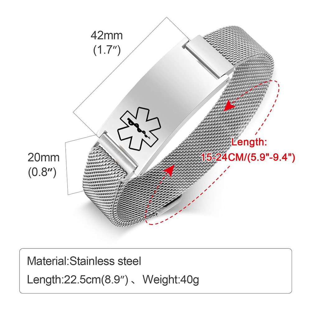 Dimension diagram for silver mesh medical ID bracelet showing a 42mm plate, 20mm width, 15-24cm adjustable length, and 40g weight.