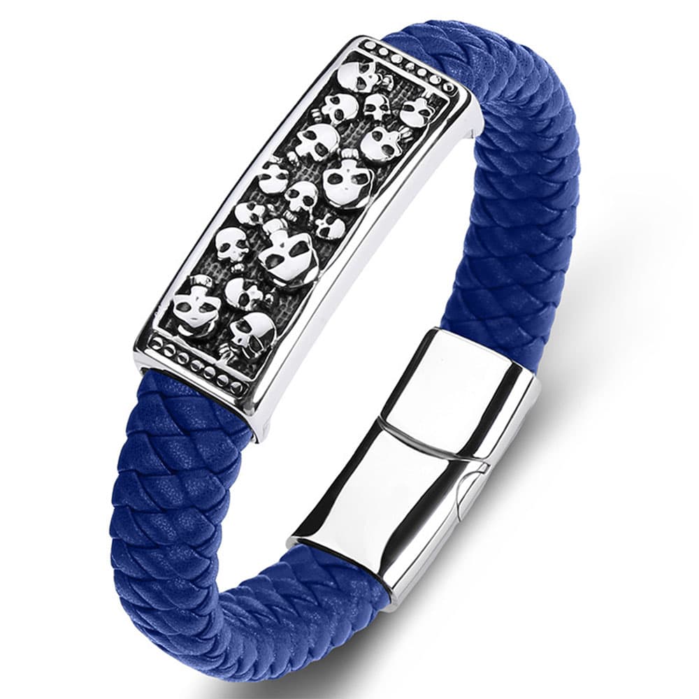 Modern navy blue woven genuine leather wristband featuring a polished stainless steel multi-skull accent piece.