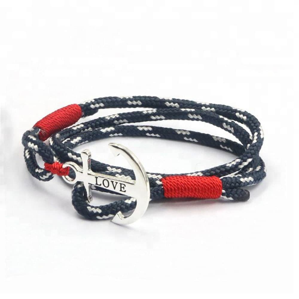 Classic navy blue braided nautical rope bracelet with red whip accents and a silver stainless steel LOVE anchor hook.