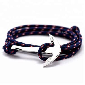 Custom adjustable navy blue nylon rope wrap bracelet with red and white patterned details and a polished silver stainless steel anchor clasp.