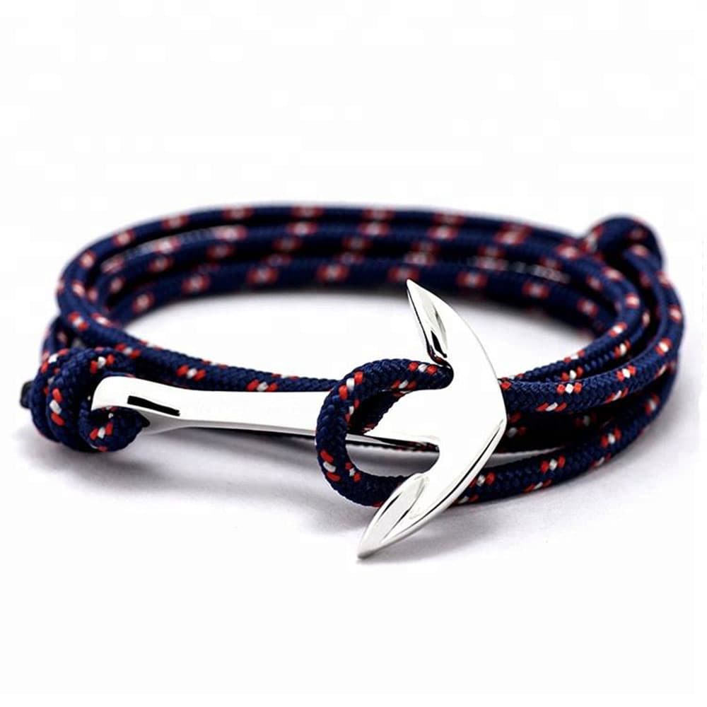 Custom adjustable navy blue nylon rope wrap bracelet with red and white patterned details and a polished silver stainless steel anchor clasp.