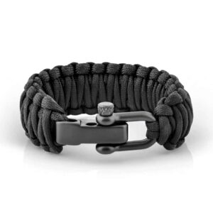 Tactical matte black 550 paracord survival bracelet with a personalized, adjustable 316L stainless steel D-shackle clasp.