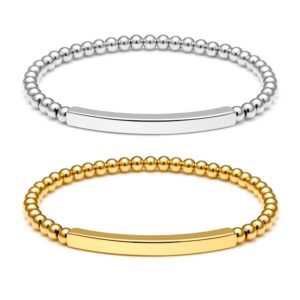 Two personalized elastic stainless steel beaded bar bracelets in polished silver and yellow gold finishes featuring blank engravable horizontal bars.