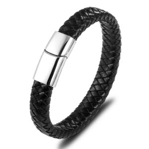 Men's black braided genuine leather bracelet featuring a polished silver 316L stainless steel blank engravable clasp with a magnetic slide-lock closure.
