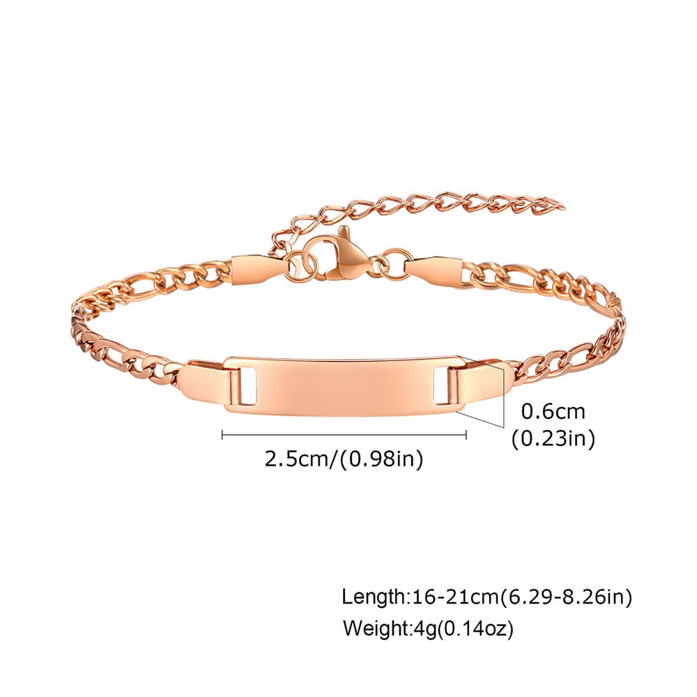 Rose gold engravable women's name plate bracelet diagram with specs: 2.5cm bar, adjustable 16-21cm chain, and 4g lightweight stainless steel.