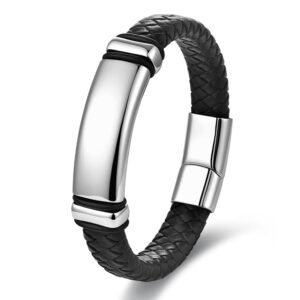 Men's black braided genuine leather bracelet featuring a highly polished silver stainless steel blank engravable ID plate and a secure magnetic clasp.