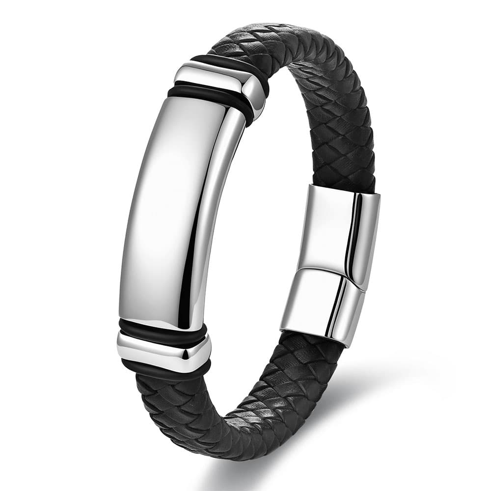Men's black braided genuine leather bracelet featuring a highly polished silver stainless steel blank engravable ID plate and a secure magnetic clasp.
