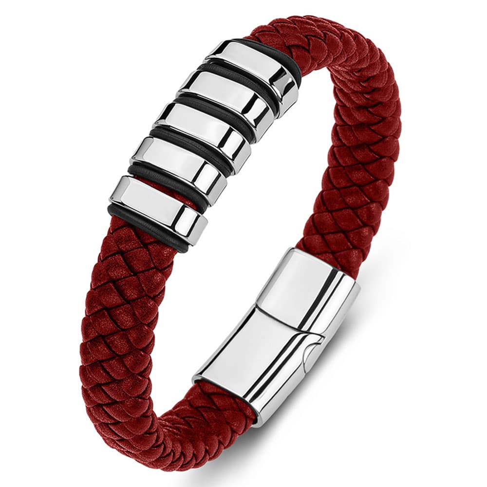 Unisex red braided genuine leather bracelet accented with polished silver stainless steel slider beads and a magnetic lock clasp.