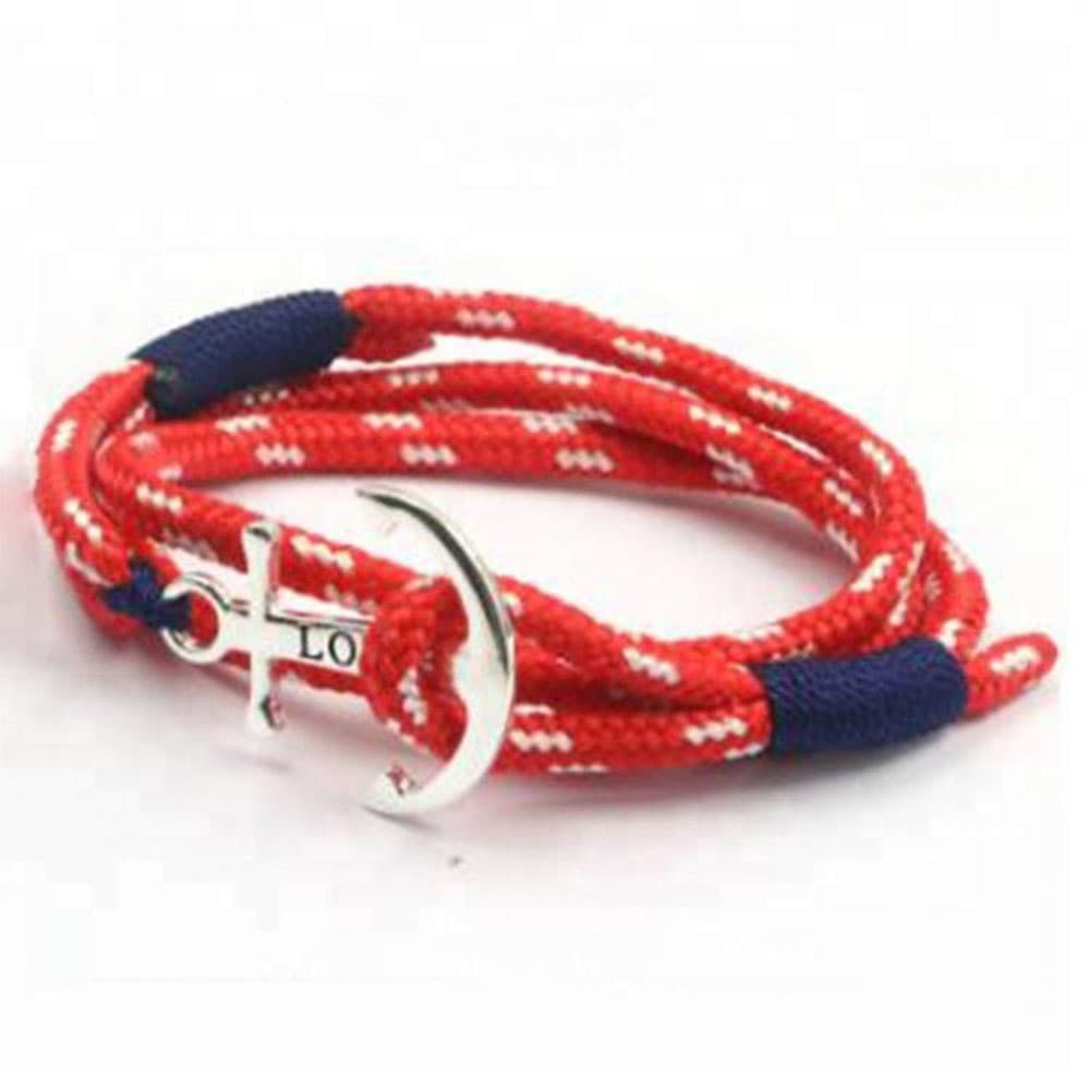 Vibrant red multi-wrap sailing rope bracelet featuring blue whip wrapping and a polished silver stainless steel anchor clasp engraved with LOVE.