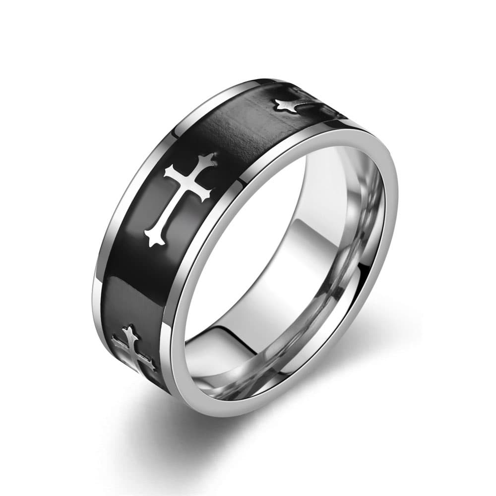 Men's and women's 316L stainless steel Christian ring featuring a polished silver band with a black enamel inlaid center and repeating Christian cross motifs.