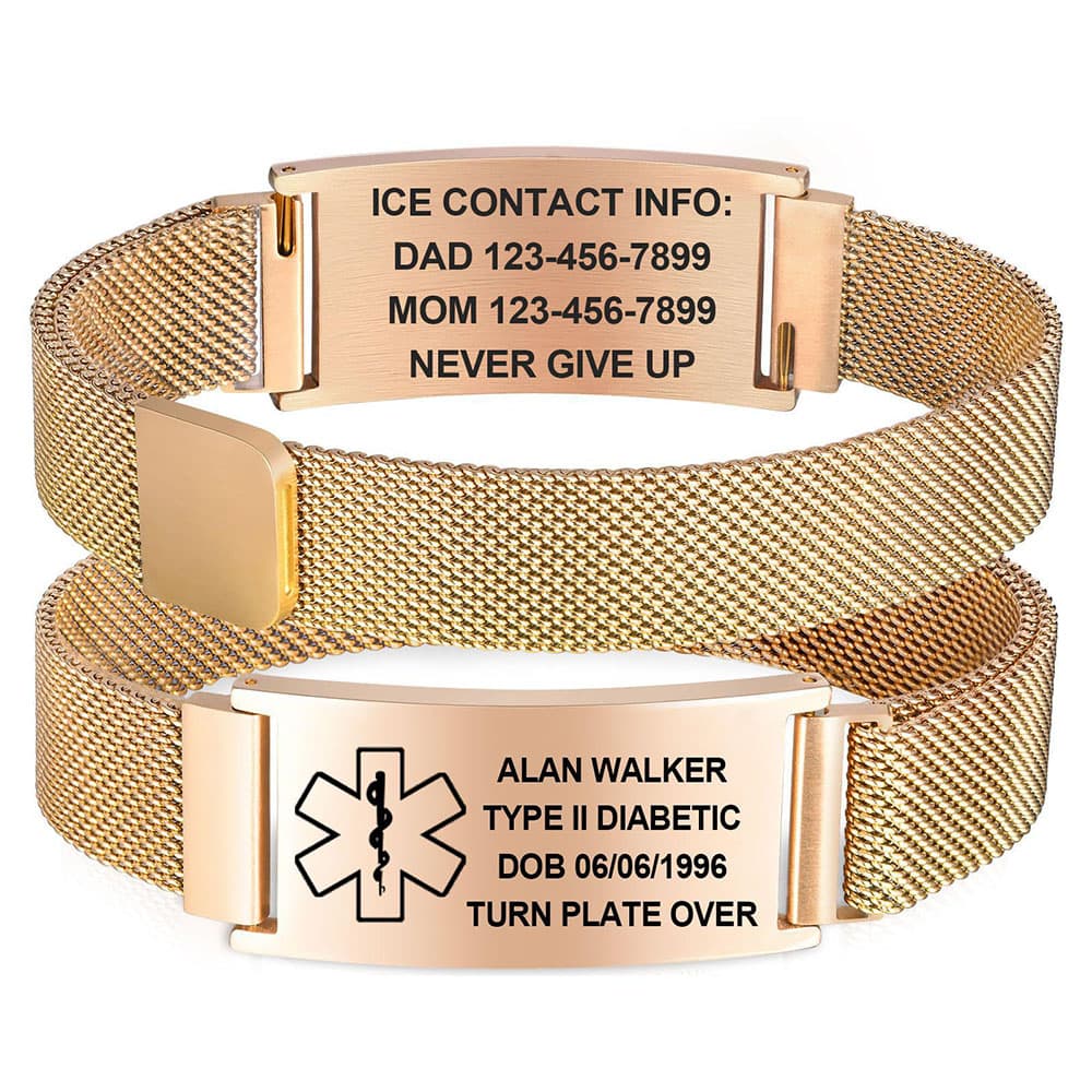 Rose gold-plated stainless steel mesh medical alert ID bracelet showing custom engraving plates and adjustable magnetic strap.