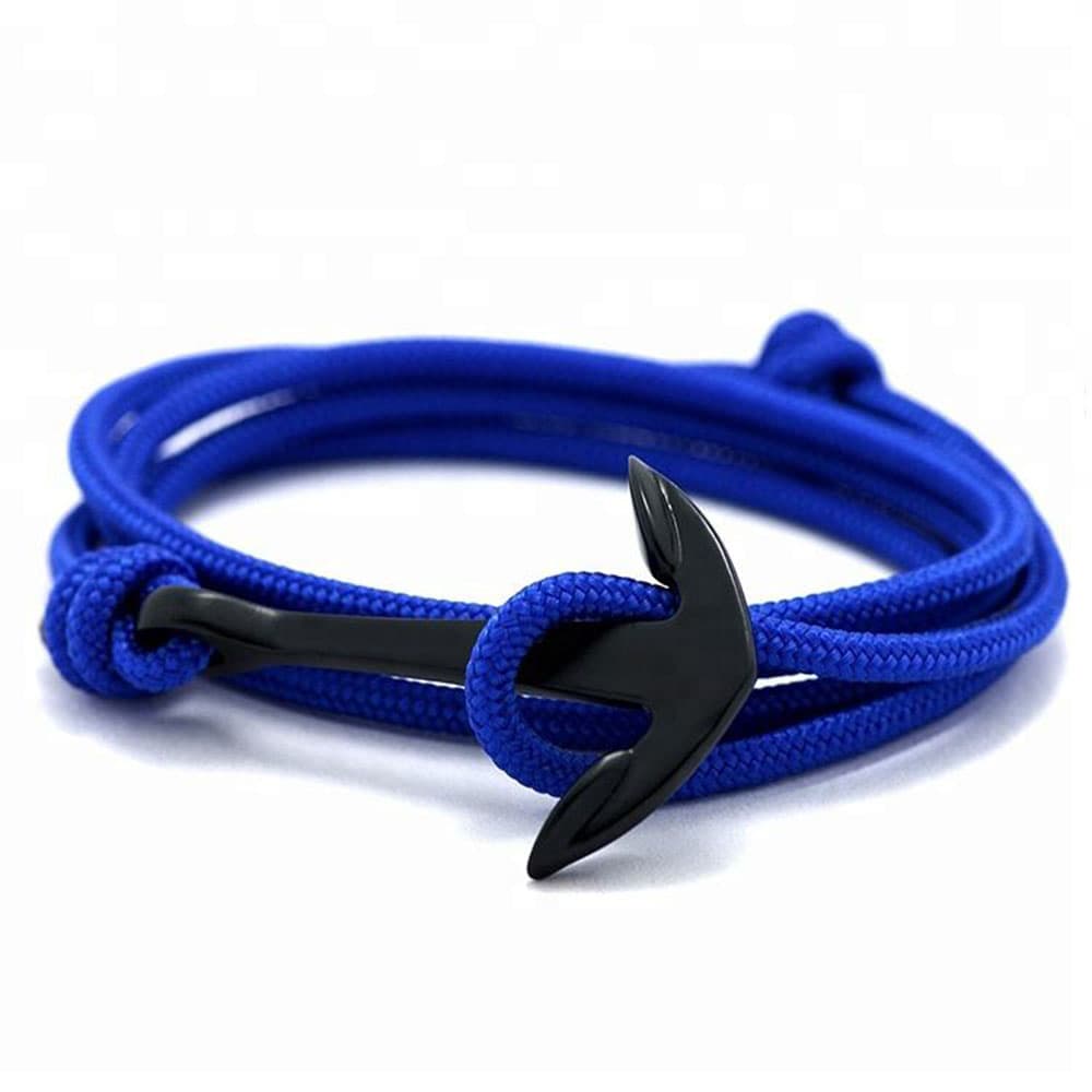 Royal blue adjustable braided rope wrap bracelet fitted with a polished black stainless steel anchor clasp.