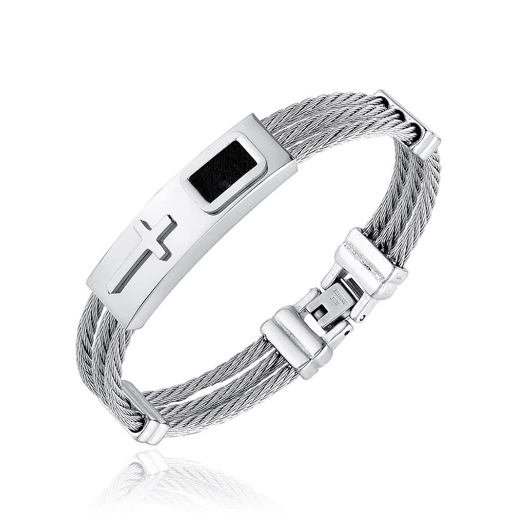 Polished silver 316L stainless steel men's cross bracelet with triple-row twisted cable wire design and fold-over clasp.