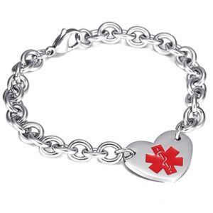 Polished 316L stainless steel medical alert ID heart bracelet with a sturdy Rolo link chain and a red Star of Life emergency symbol.