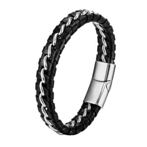 Black braided genuine leather bracelet for men woven with a polished silver-tone stainless steel curb link chain and magnetic clasp.