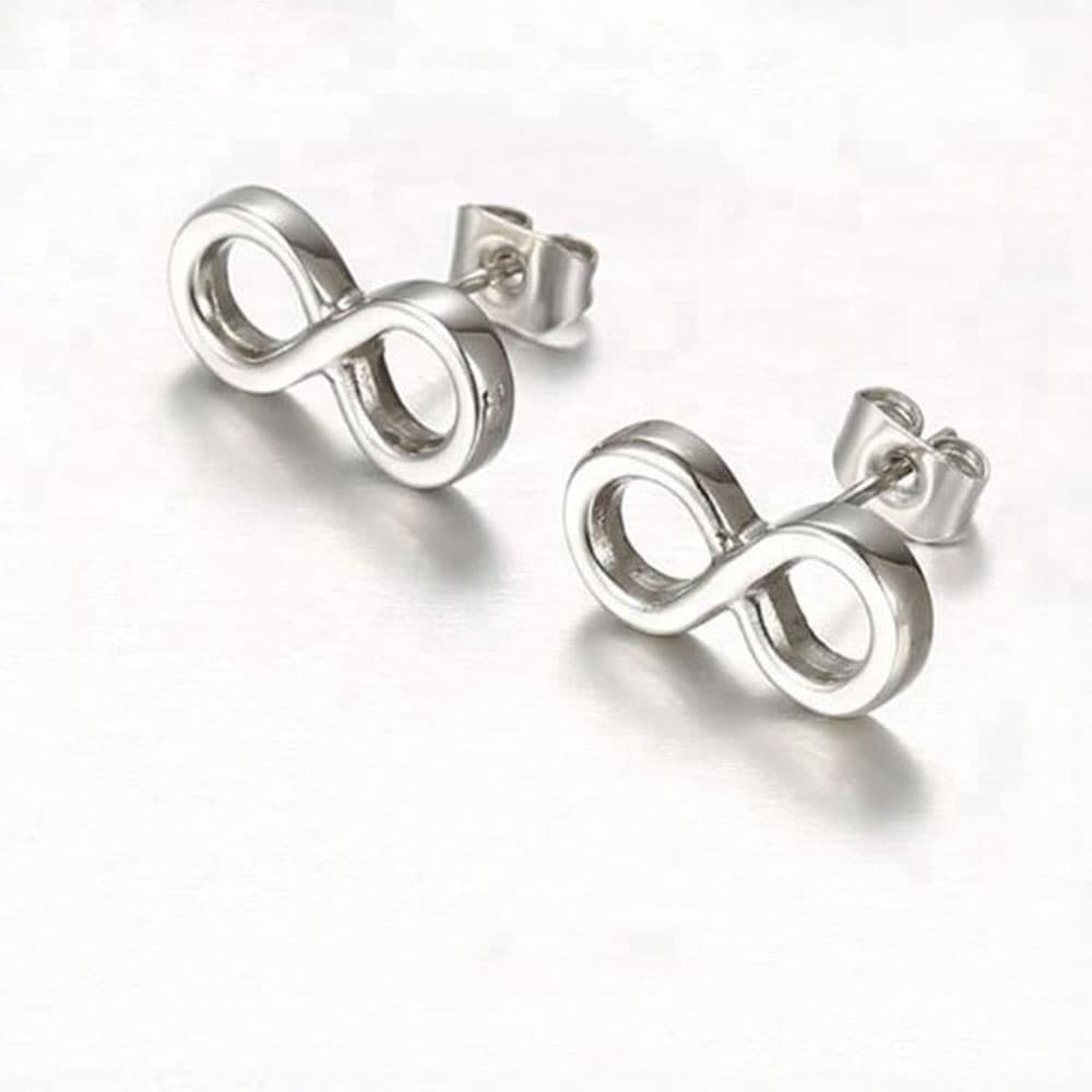 High-polish silver-tone stainless steel infinity stud earrings, showing a dainty figure-8 symbol design for everyday wear.