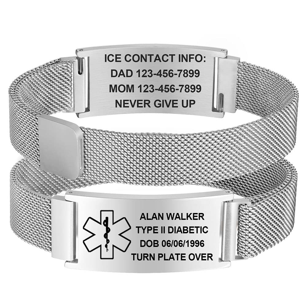Silver-tone stainless steel mesh medical ID bracelet with a strong magnetic clasp showing custom-engraved medical and emergency contact details.