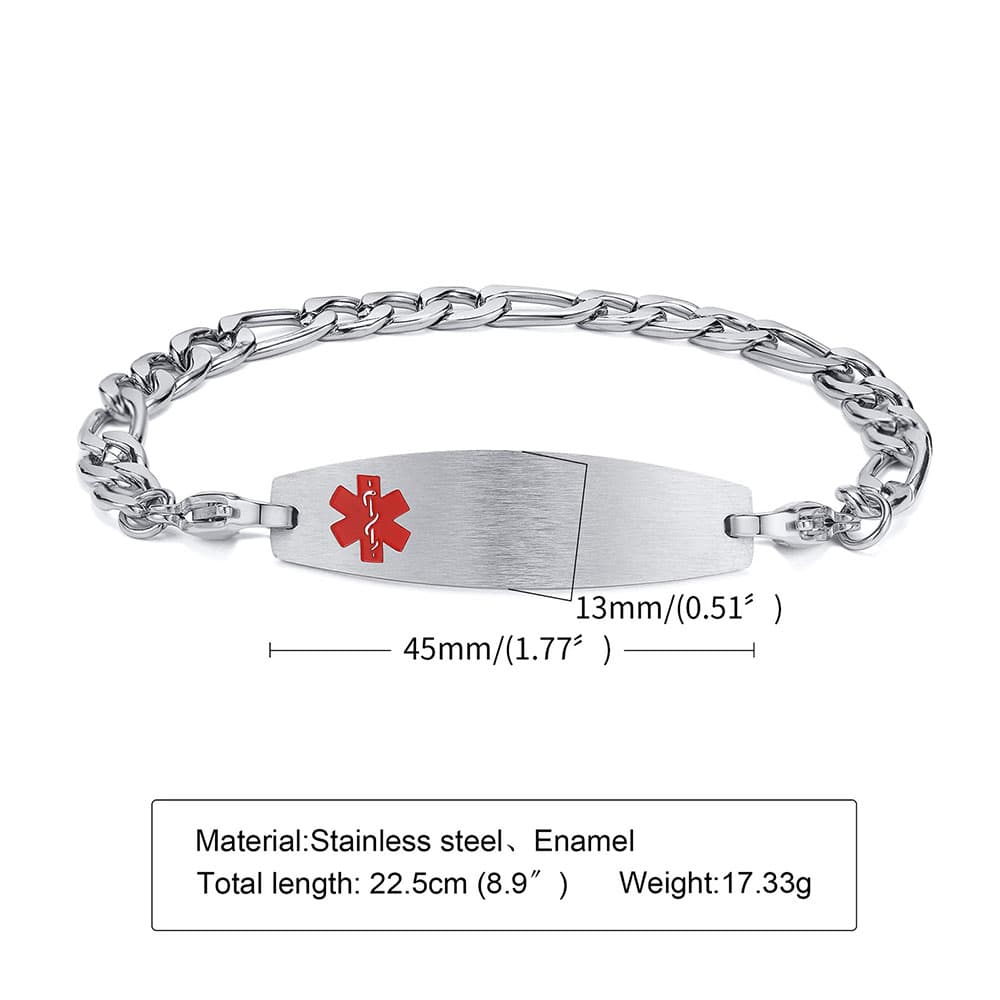 Sizing diagram for silver Figaro chain medical alert ID bracelet showing 45mm x 13mm ID plate dimensions and 22.5cm total length.