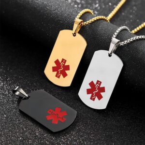 Three stainless steel medical ID dog tag necklaces in gold, silver, and black finishes, each featuring a red medical alert symbol and a matching box chain.