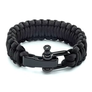 Tactical black 550 lb paracord survival bracelet featuring a heavy-duty black stainless steel adjustable D clasp buckle.