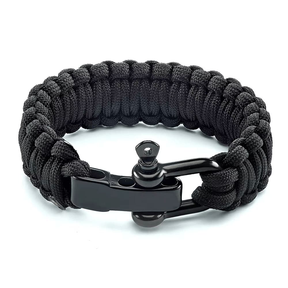 Tactical black 550 lb paracord survival bracelet featuring a heavy-duty black stainless steel adjustable D clasp buckle.