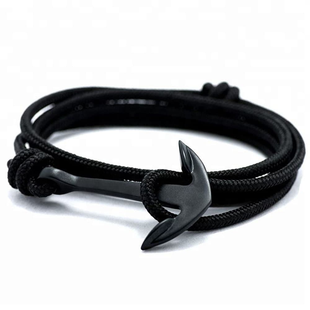 Unisex adjustable all-black nylon paracord wrap bracelet featuring a matte black ion-plated stainless steel anchor hook.