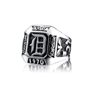 The Vampire Diaries Damon Salvatore daylight signet ring featuring a prominent gothic letter D crest in 316L stainless steel with oxidized silver finish.