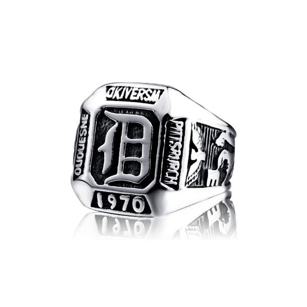 The Vampire Diaries Damon Salvatore daylight signet ring featuring a prominent gothic letter D crest in 316L stainless steel with oxidized silver finish.