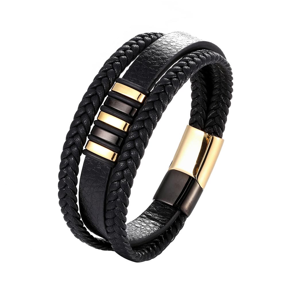 Men's triple-layer black leather bracelet with alternating gold and gunmetal engravable steel beads and a dual-tone gold and black magnetic clasp.