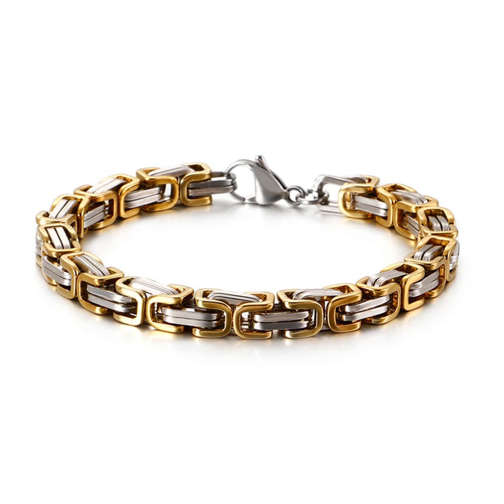 Two-tone stainless steel byzantine chain bracelet with alternating links of polished silver and radiant yellow gold.