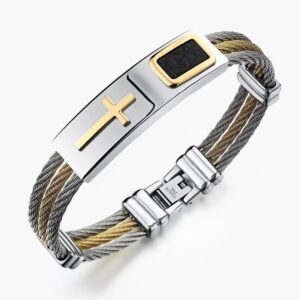 Men's two-tone 316L stainless steel cross bracelet featuring three rows of gold and silver cable wire with a secure fold-over clasp.