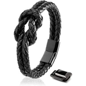 Unisex braided black leather sailor knot bracelet featuring a matte black 316L stainless steel magnetic clasp with a removable extender link.