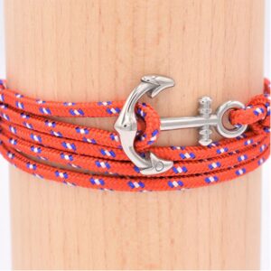 Unisex multi-wrap red, white, and blue nautical rope bracelet with a polished 316L stainless steel anchor hook clasp wrapped around a wooden display.