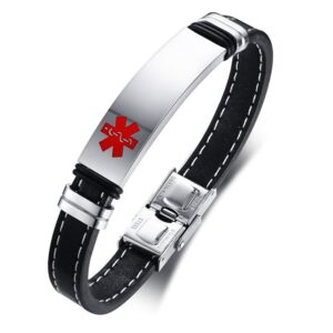 Stainless steel medical ID bracelet with an engravable silver plate, a red medical alert symbol, and a black stitched band on a white background.