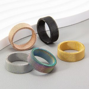 Unisex woven wire mesh band rings displayed in five PVD vacuum plating colors including silver, 18K gold, rose gold, black, and rainbow iridescent.