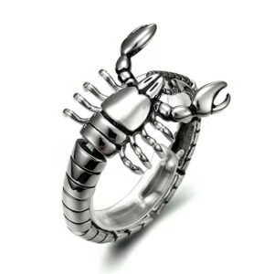 Vintage silver-tone 316L stainless steel scorpion bracelet close-up highlighting the detailed claws and articulated segment joints.