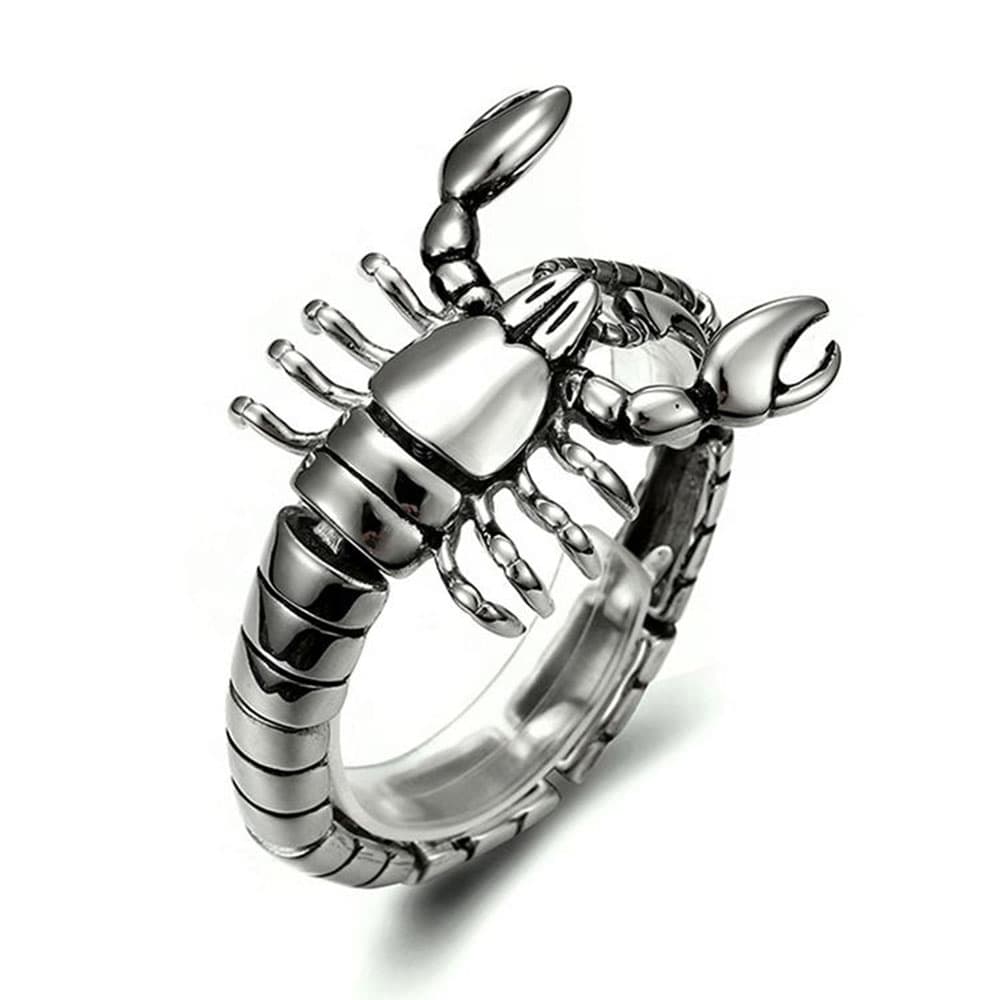 Vintage silver-tone 316L stainless steel scorpion bracelet close-up highlighting the detailed claws and articulated segment joints.