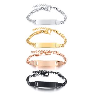 Four customizable 316L stainless steel ID bar bracelets in silver, yellow gold, rose gold, and matte black finishes.