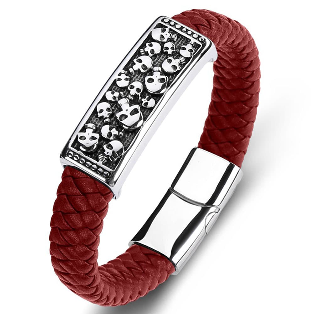 Bold wine red braided genuine leather bracelet with a striking stainless steel skull head plaque and magnetic lock.