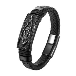 Men's all-black stainless steel Masonic leather bracelet featuring a black braided genuine leather strap, black PVD Freemason symbol plate, and magnetic clasp.