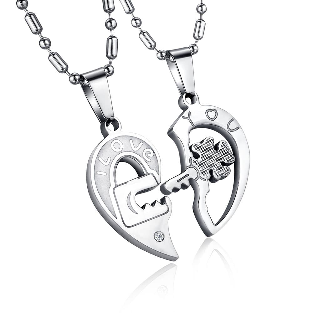 All silver stainless steel lock and key interlocking heart pendant couple necklace set engraved with I Love You and CZ accent.