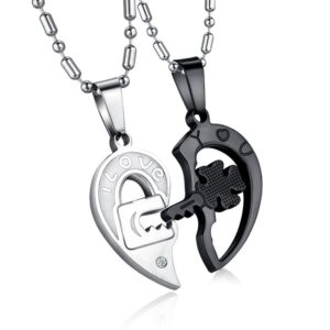 Stainless steel lock and key matching heart puzzle couple necklace set in black and silver with engraved I Love You text and cubic zirconia detail.