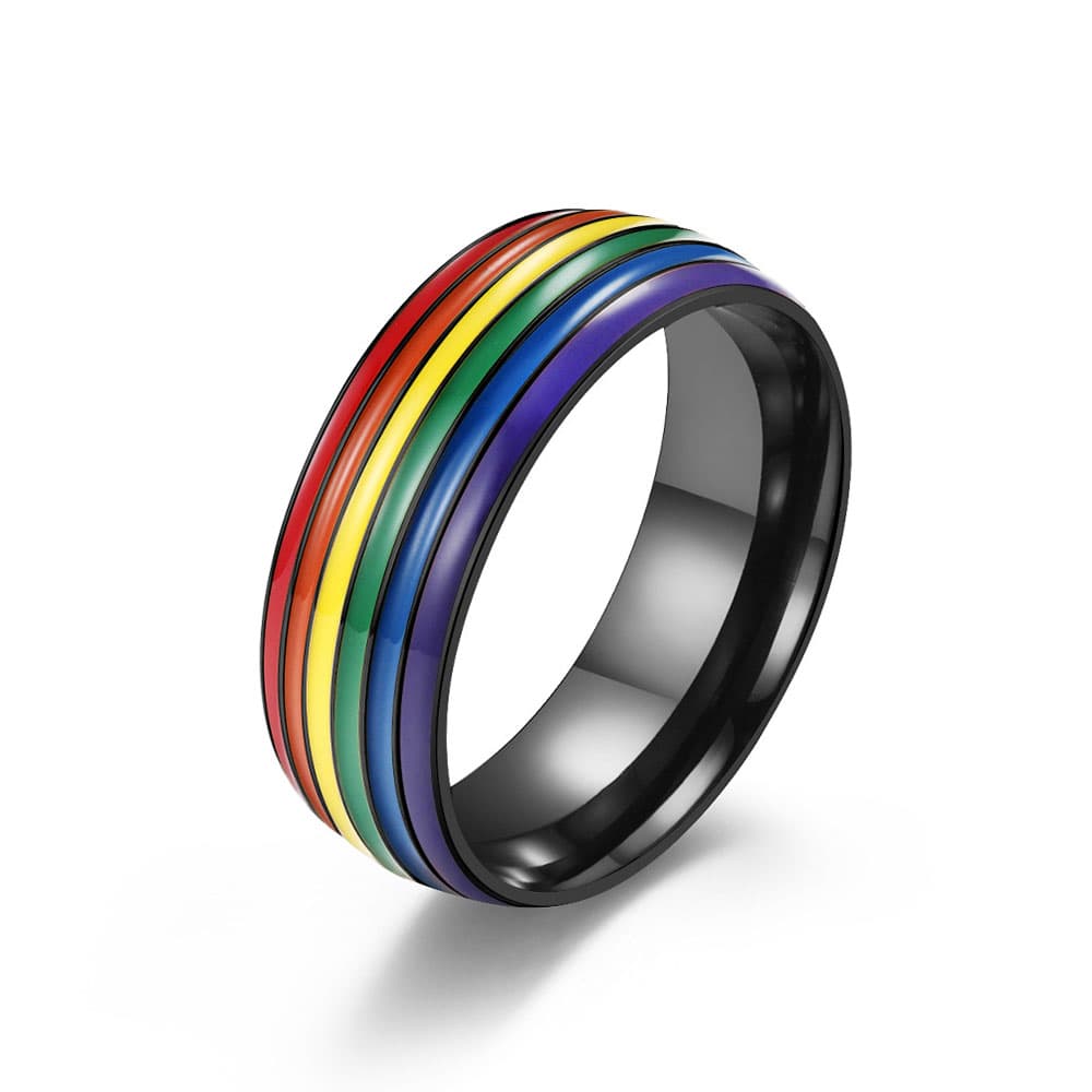 Black stainless steel LGBT rainbow pride ring featuring high-contrast enamel rainbow stripes on a black band.
