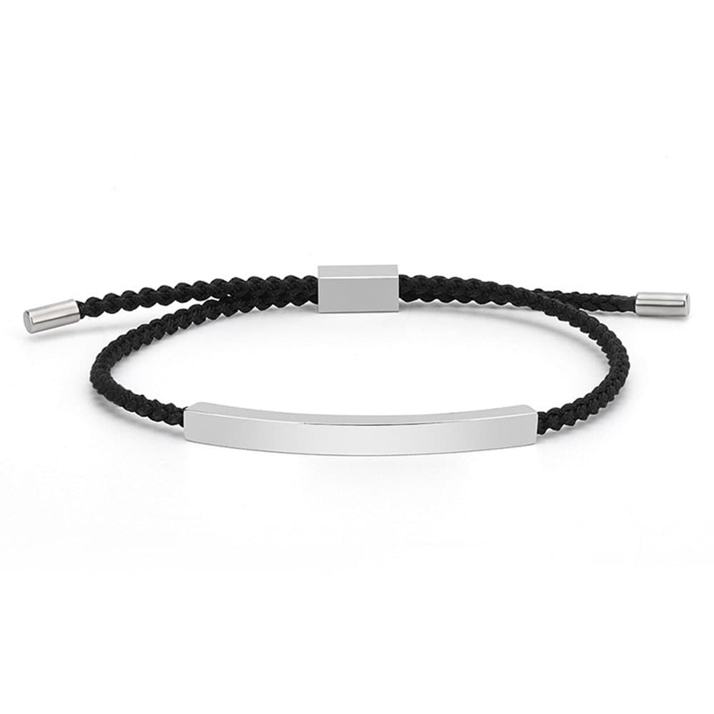 Minimalist black hand-woven rope friendship bracelet featuring a blank polished stainless steel tube plate and adjustable drawstring.