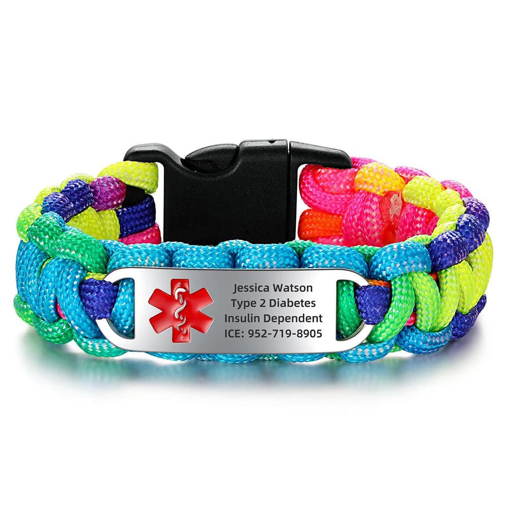 Custom engraved medical alert ID paracord wristband in bright neon rainbow braided cord with stainless steel plate.