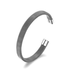 Unisex silver stainless steel woven mesh cuff bangle bracelet featuring engravable smooth metal end caps on a white background.