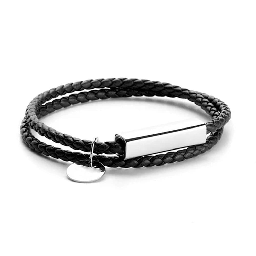 Custom engraved silver stainless steel bar and round disc charm on double wrap black braided genuine leather bracelet.