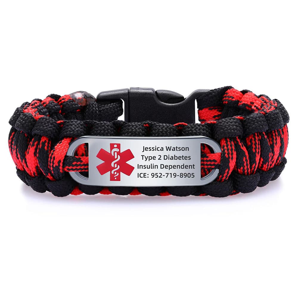 Custom stainless steel medical alert ID paracord bracelet in black and red weave with engraved emergency information plate.