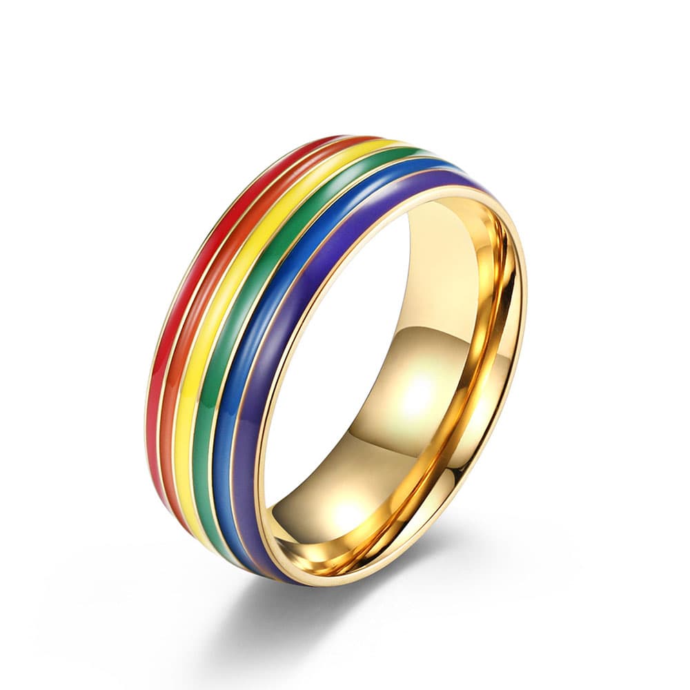 18K gold plated stainless steel LGBT rainbow pride ring with vibrant enamel stripes and polished gold finish.